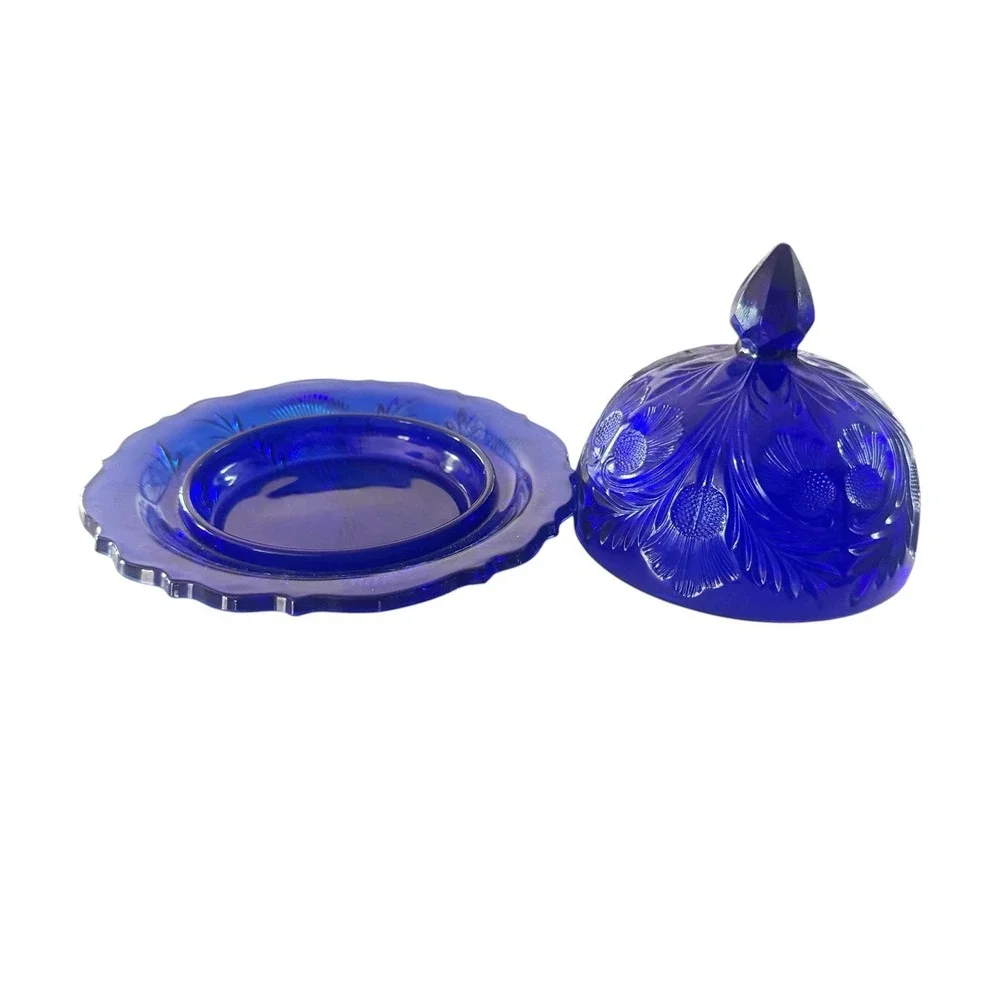 Vintage Mosser glass INVERTED THISTLE Design Rare COBALT BLUE butter/cheese dish